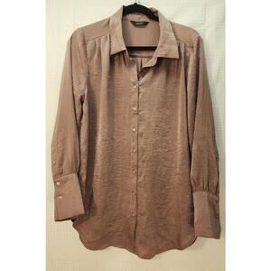 Simply Vera Wang Blouse Med Brown Bishop Button Down Oversized Collared Tunic